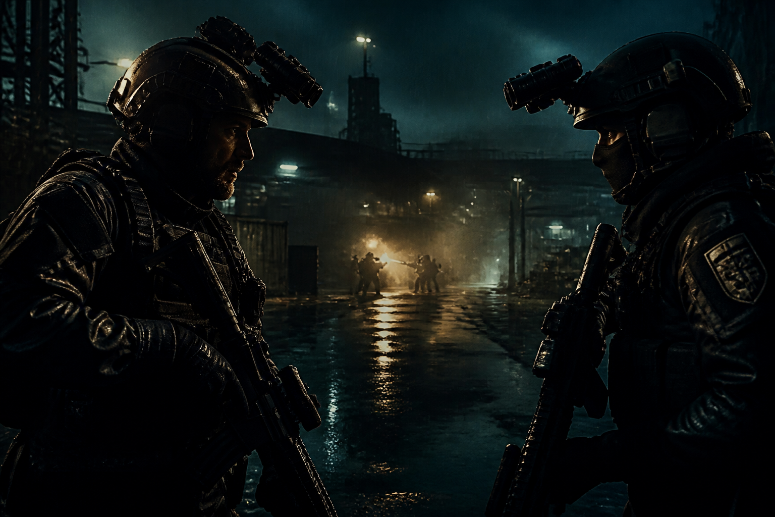 Night operators on a rain-soaked industrial street