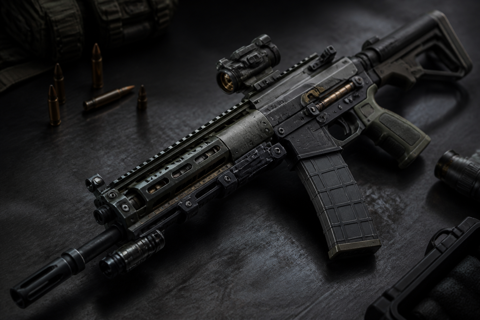Tactical demo rifle in low light, the default primary weapon